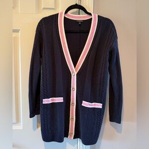 Talbots Cable Knit Navy Cardigan with Pink Trim